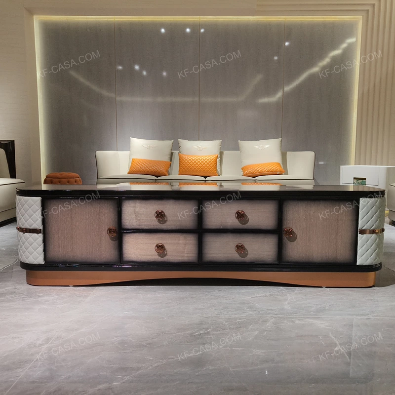 Luxury Coffee Table with Quilted Upholstered Panels Natural Wood Veneer Finish and Stainless Steel Accents